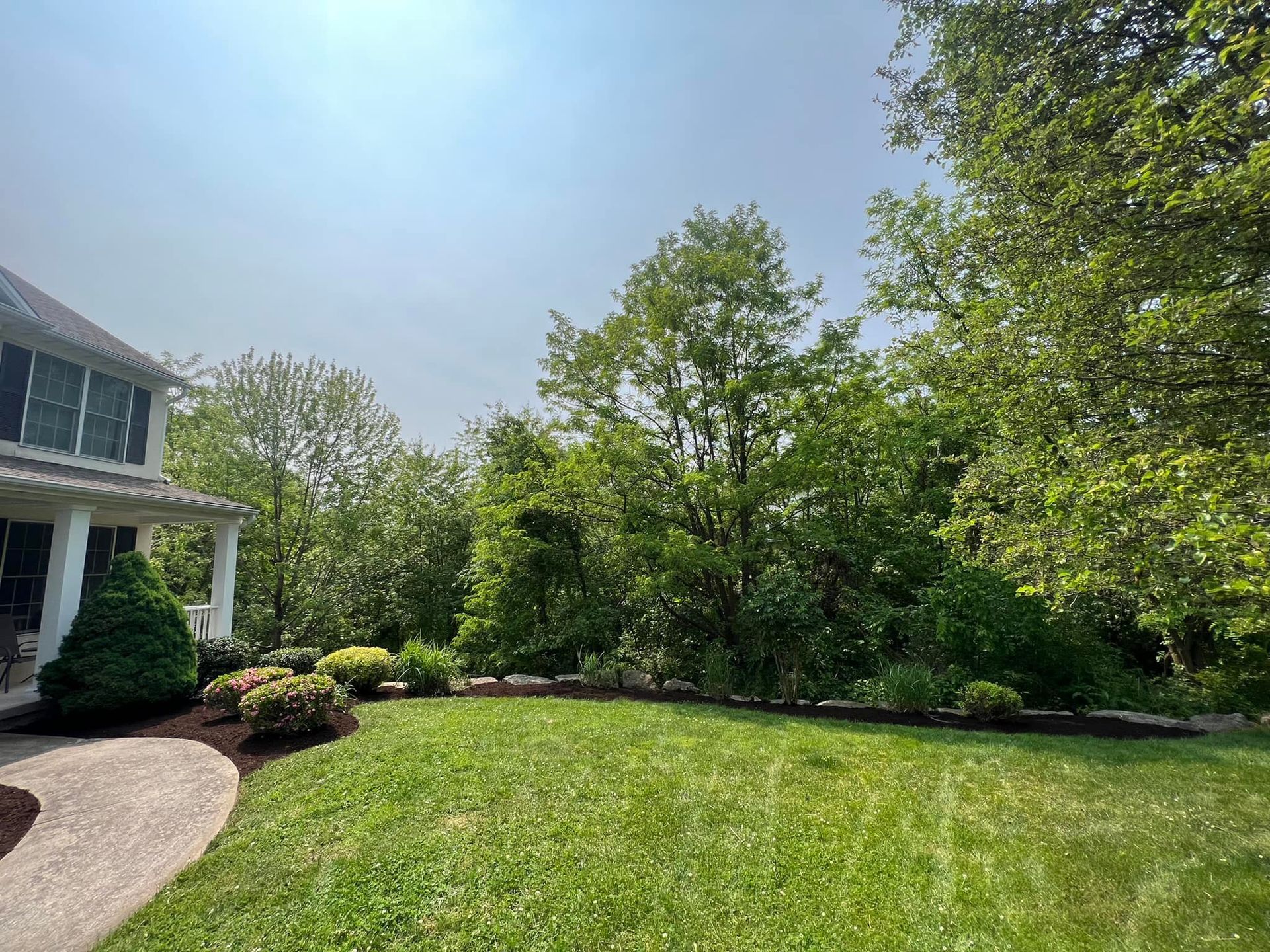 A large lush green lawn in front of a house surrounded by trees.