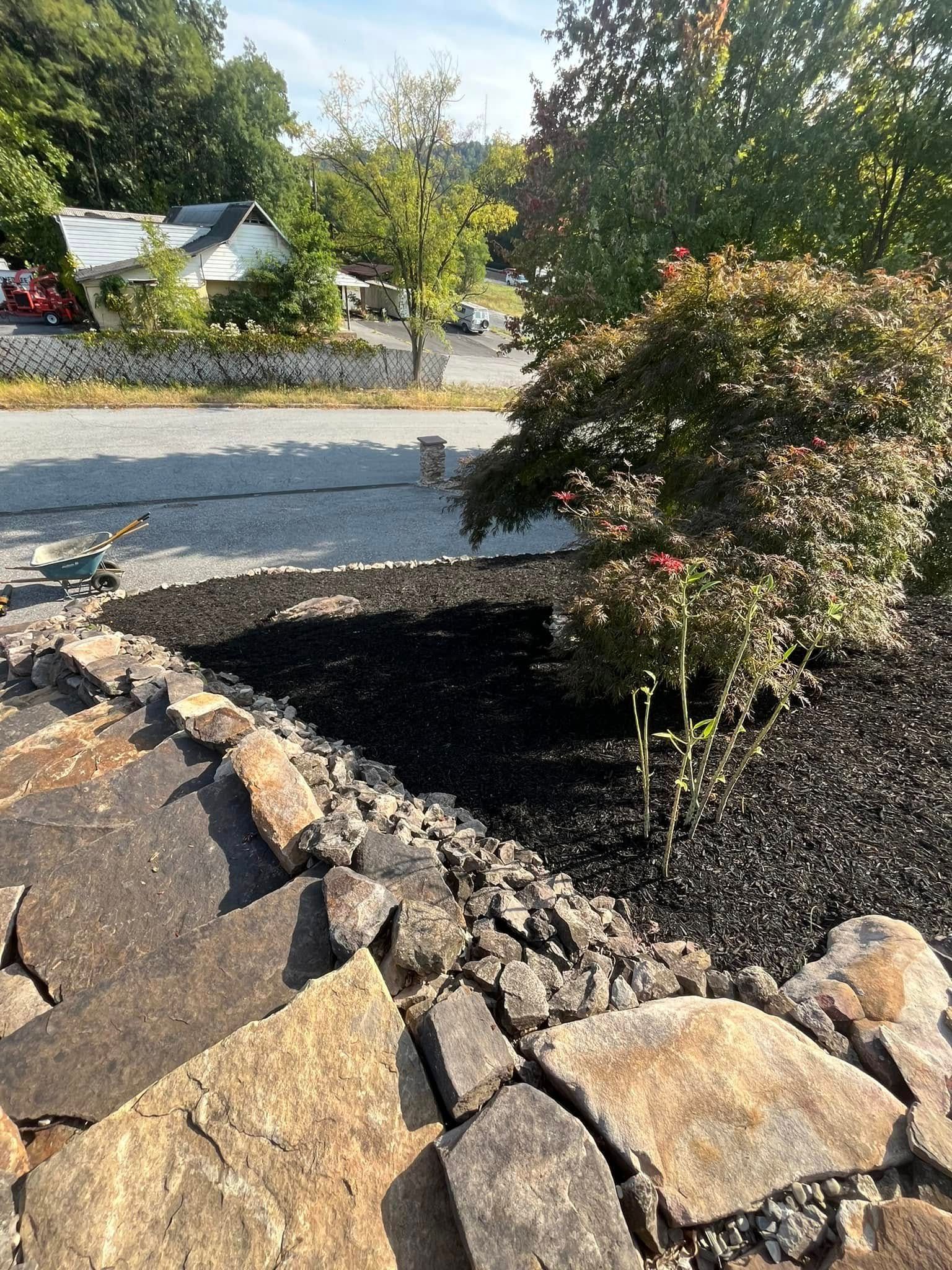 A rock wall with a tree in the background and a house in the background.