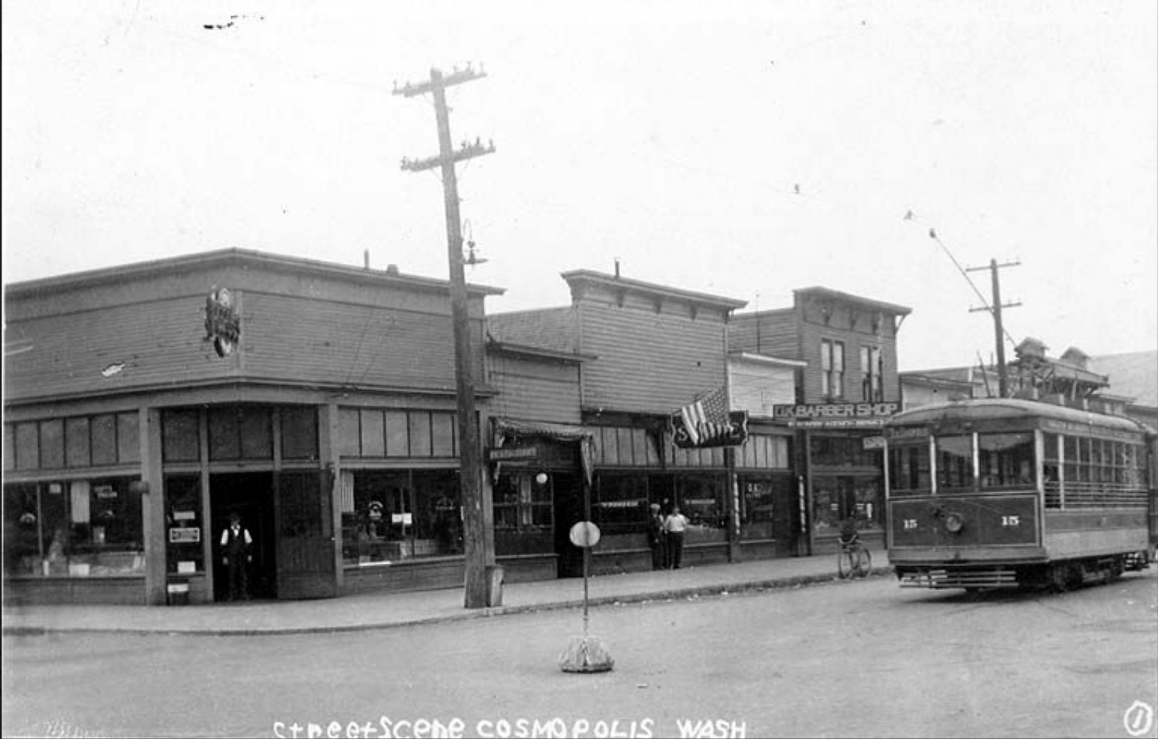 Street scene showing an electric streetcar, Cosmopolis, Washington, approximately 1924. Courtesy Washington Localities Postcard Collection.