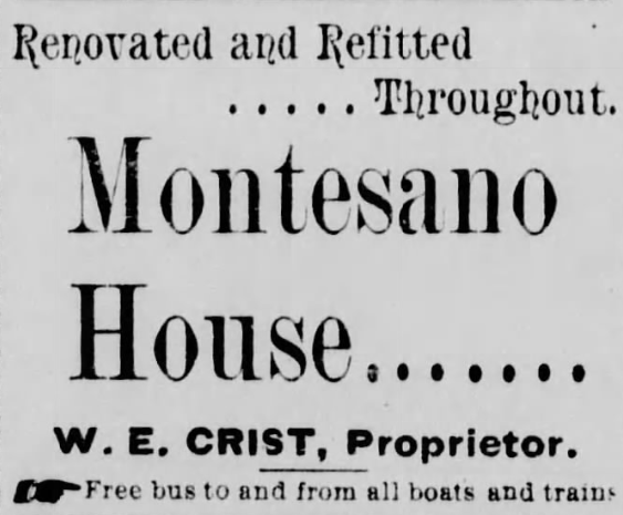 Newspaper ad for the Montesano House including a free bus to and from all boats and trains. Aberdeen Herald, 1902.