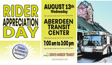 An announcement for rider appreciation day on august 13th at Aberdeen Transit Center 7am to 3 pm