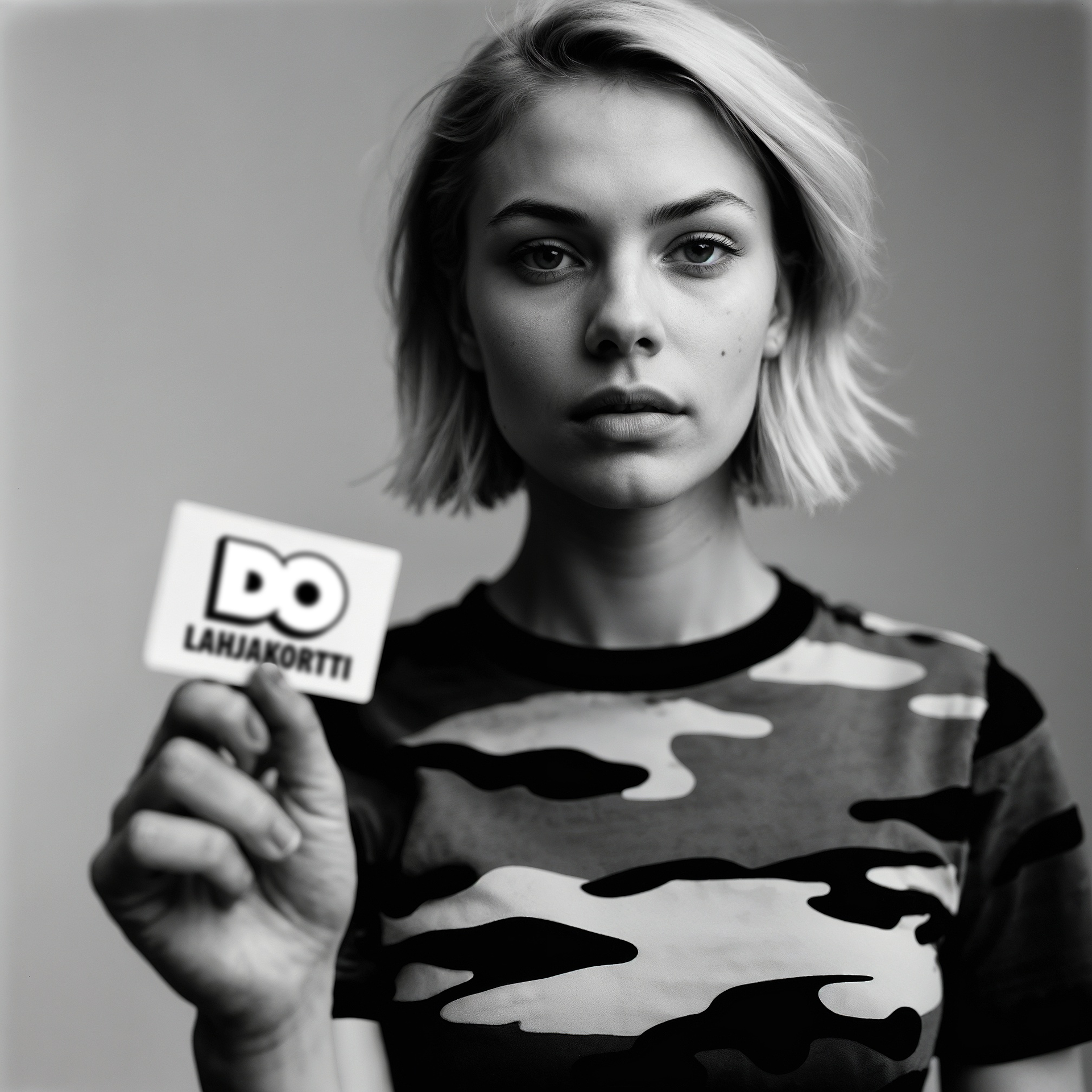 A woman in a camouflage shirt is holding up a card that says do