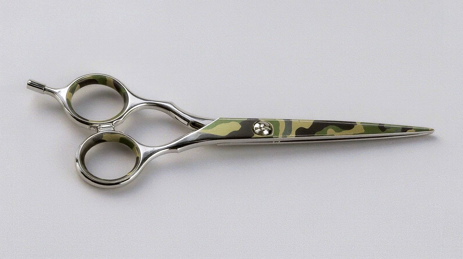A pair of scissors with a camouflage pattern on the handles