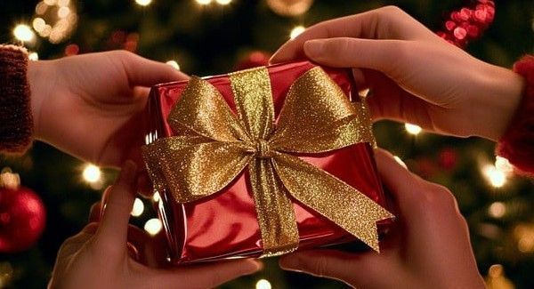 Person hands a red gift box with a gold ribbon to another person, Christmas tree in background. Business staff, clients, customers.