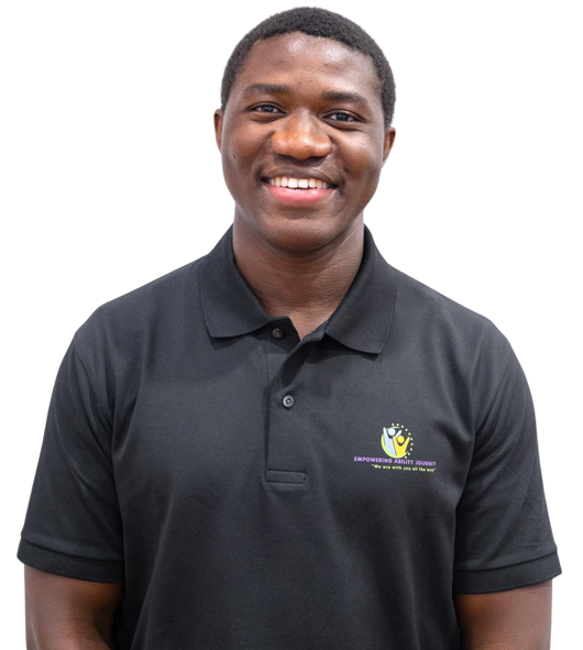 A man wearing a black polo shirt with a logo on the front