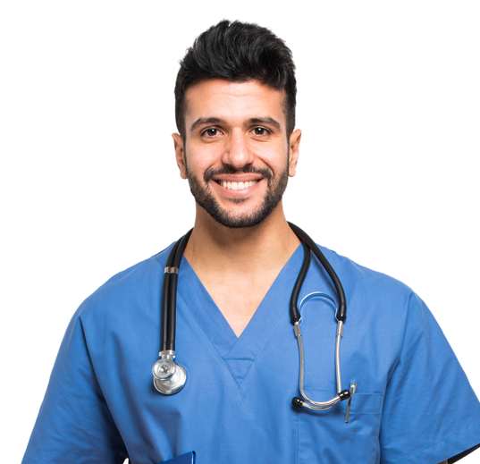 A man in a blue scrub with a stethoscope around his neck
