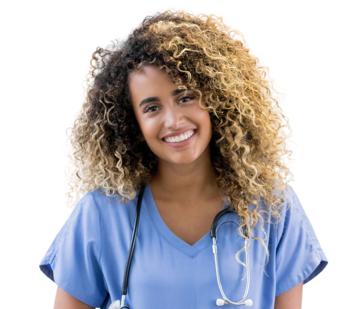A nurse with curly hair and a stethoscope around her neck is smiling.