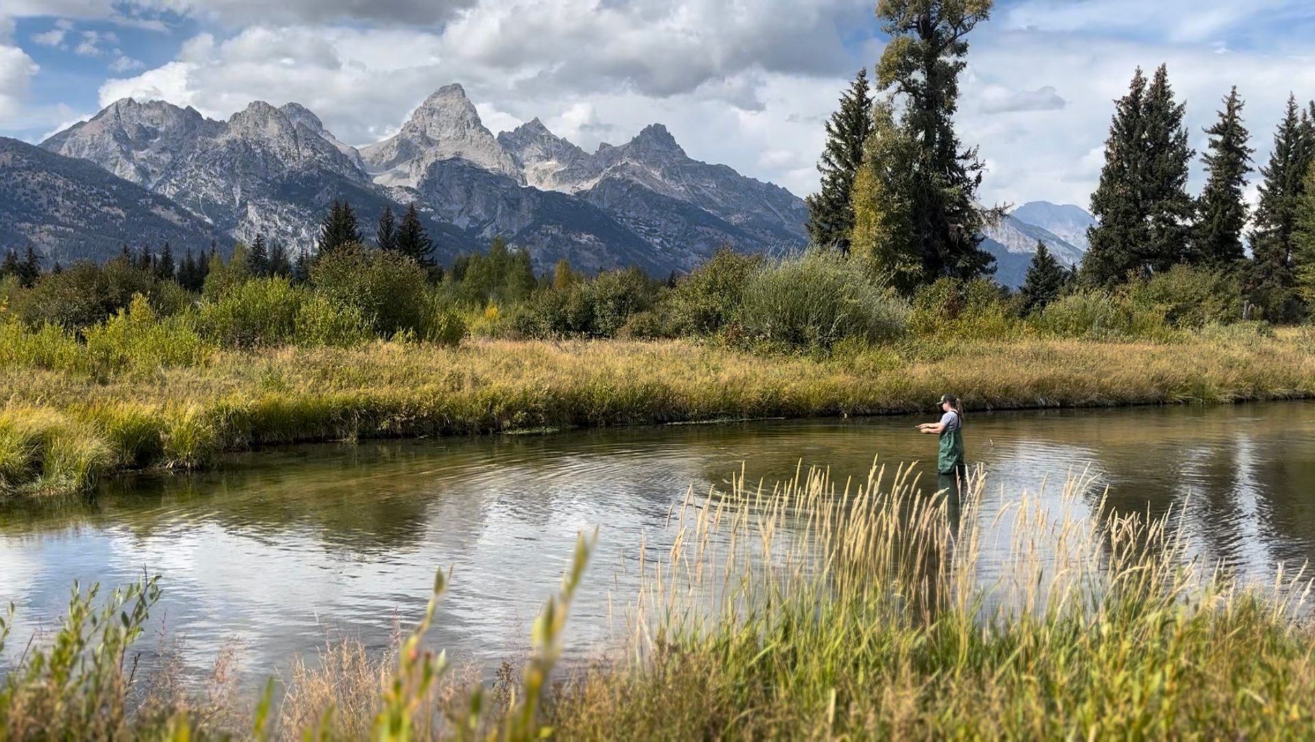 Mountain reflection in a calm river with tall grass and pine trees beneath snowy peaks.