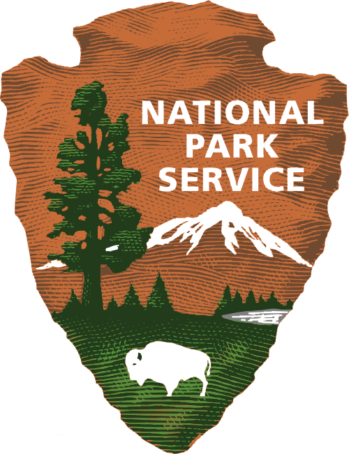 National Park Service logo with mountains, trees, and a bison on an orange shield