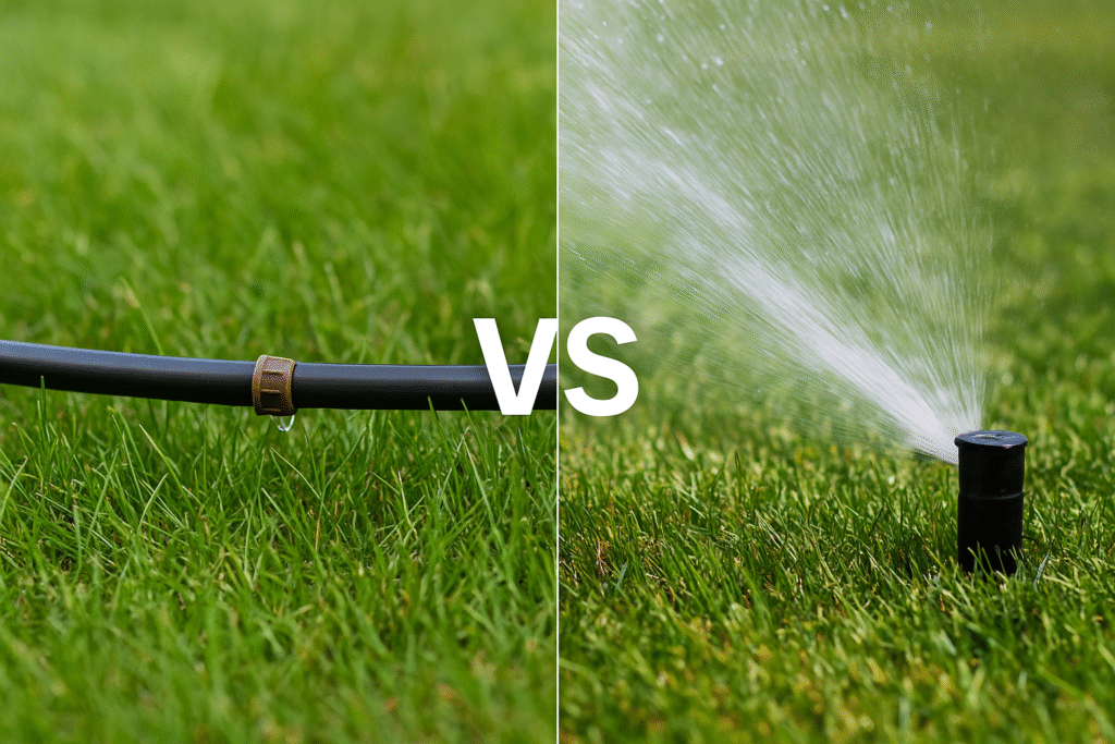Left: black irrigation tubing. Right: sprinkler spraying water. Green grass background.