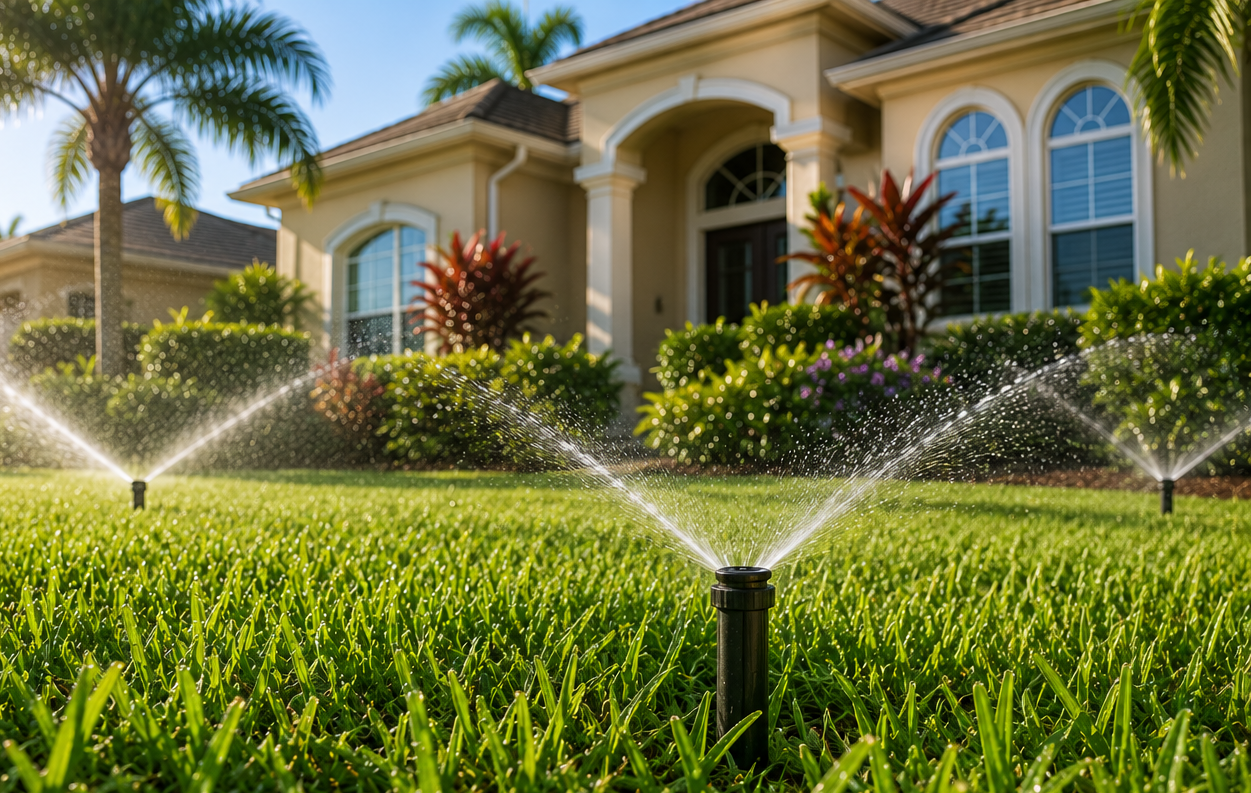 Lawn sprinklers watering a lush green yard in front of a large Mediterranean-style house