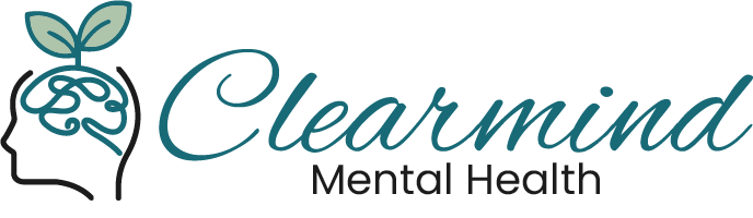Logo for ClearMind Mental Health: a brain silhouette with vines and leaves, teal script text.