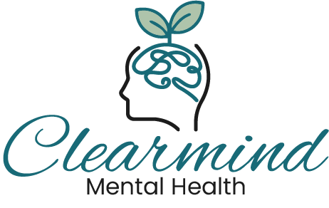 Logo for Clearmind Mental Health: head silhouette with brain graphic sprouting leaves; teal text below.