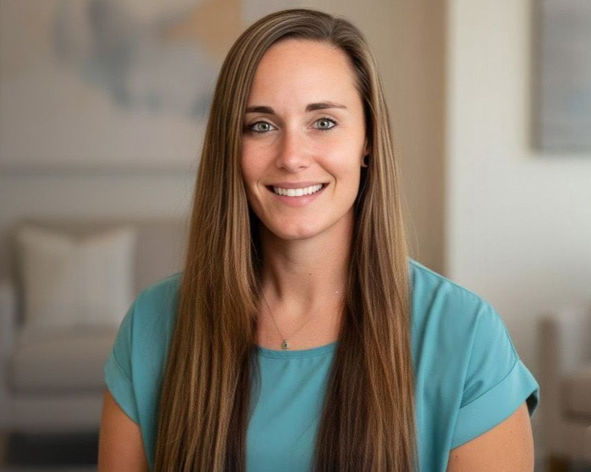 Woman with long brown hair smiling at the camera, wearing a teal top; indoor setting.