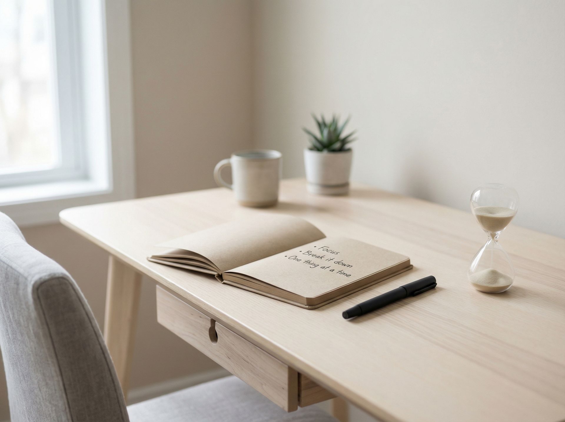 Desk with open notebook, pen, mug, plant, and hourglass.