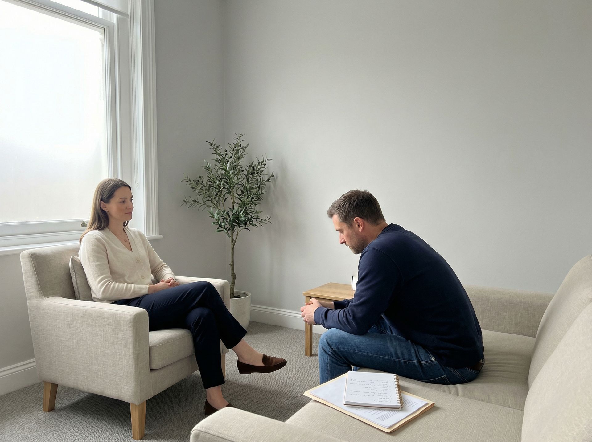 Woman in armchair, man on sofa in therapy session; neutral room, notepad.