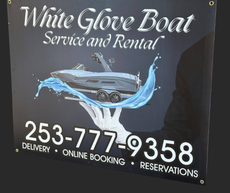 A sign for white glove boat service and rental