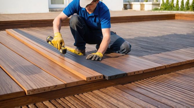 Worker using a yellow power tool to install wooden decking boards on an outdoor patio