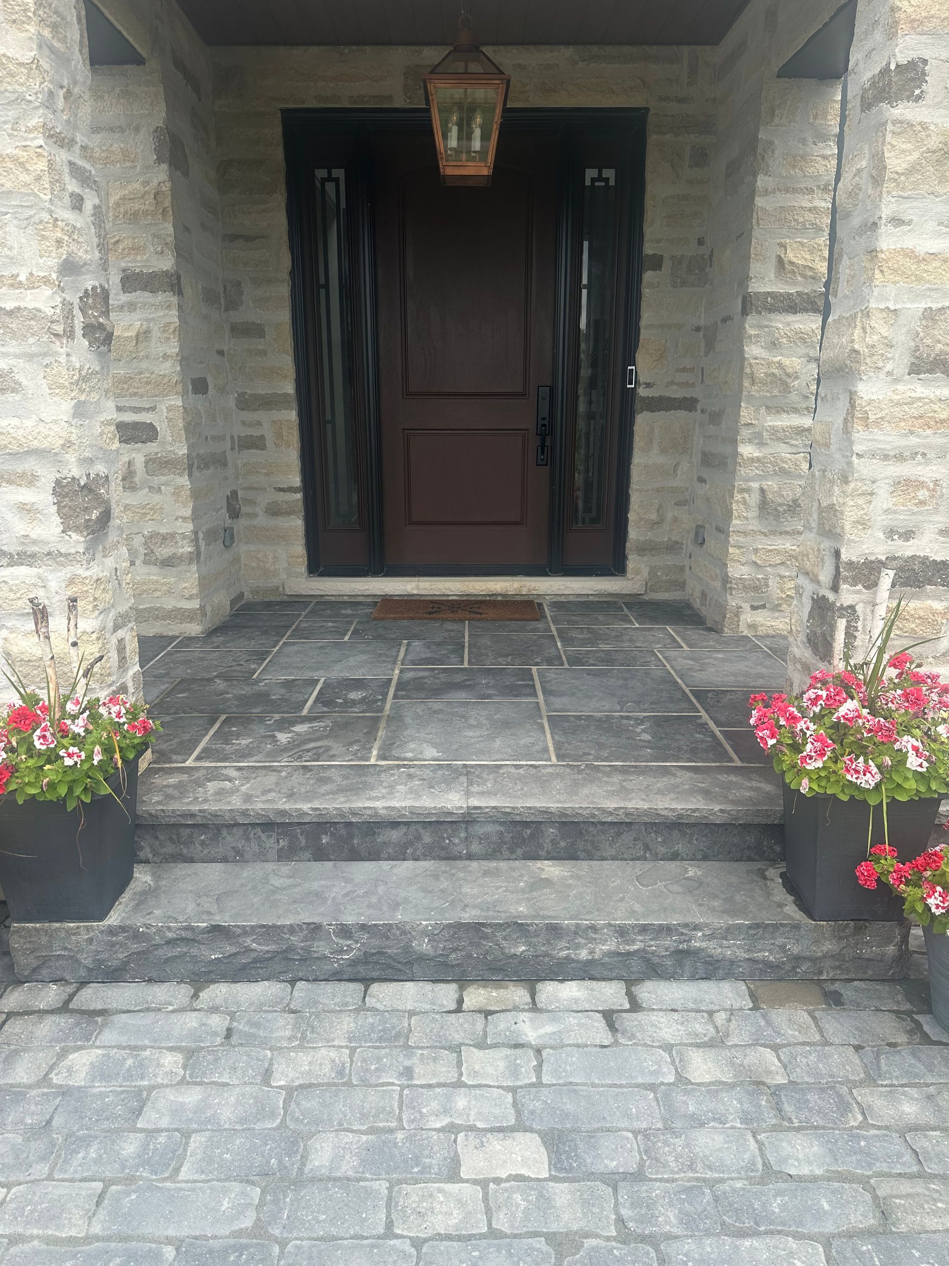 The front door of a house with flowers in pots in front of it.
