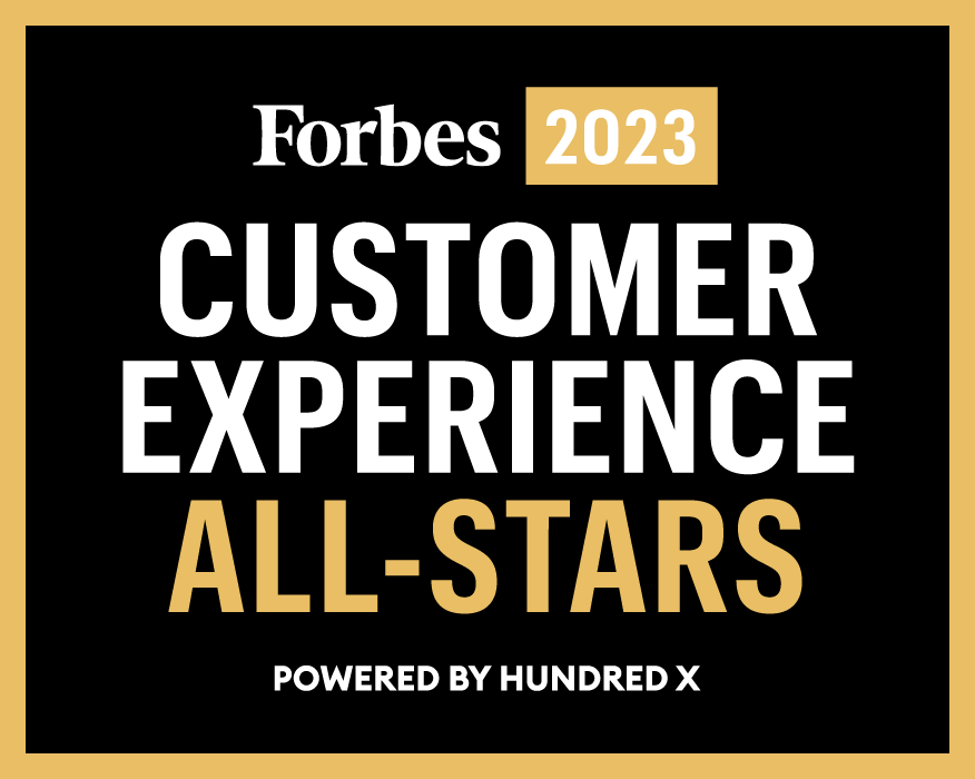 The forbes 2023 customer experience all-stars logo is powered by hundred x.