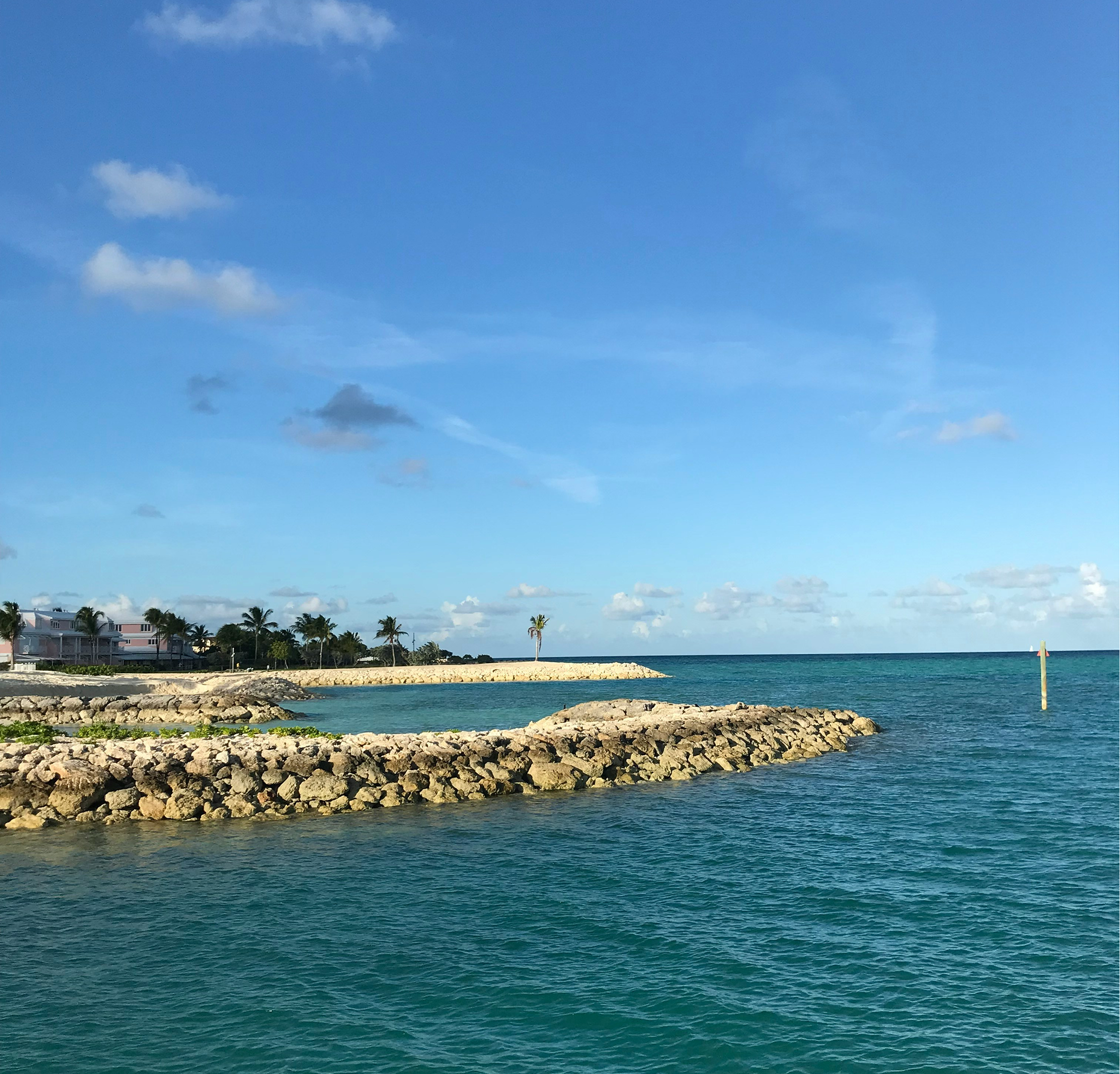 A large body of water with a small island in the middle