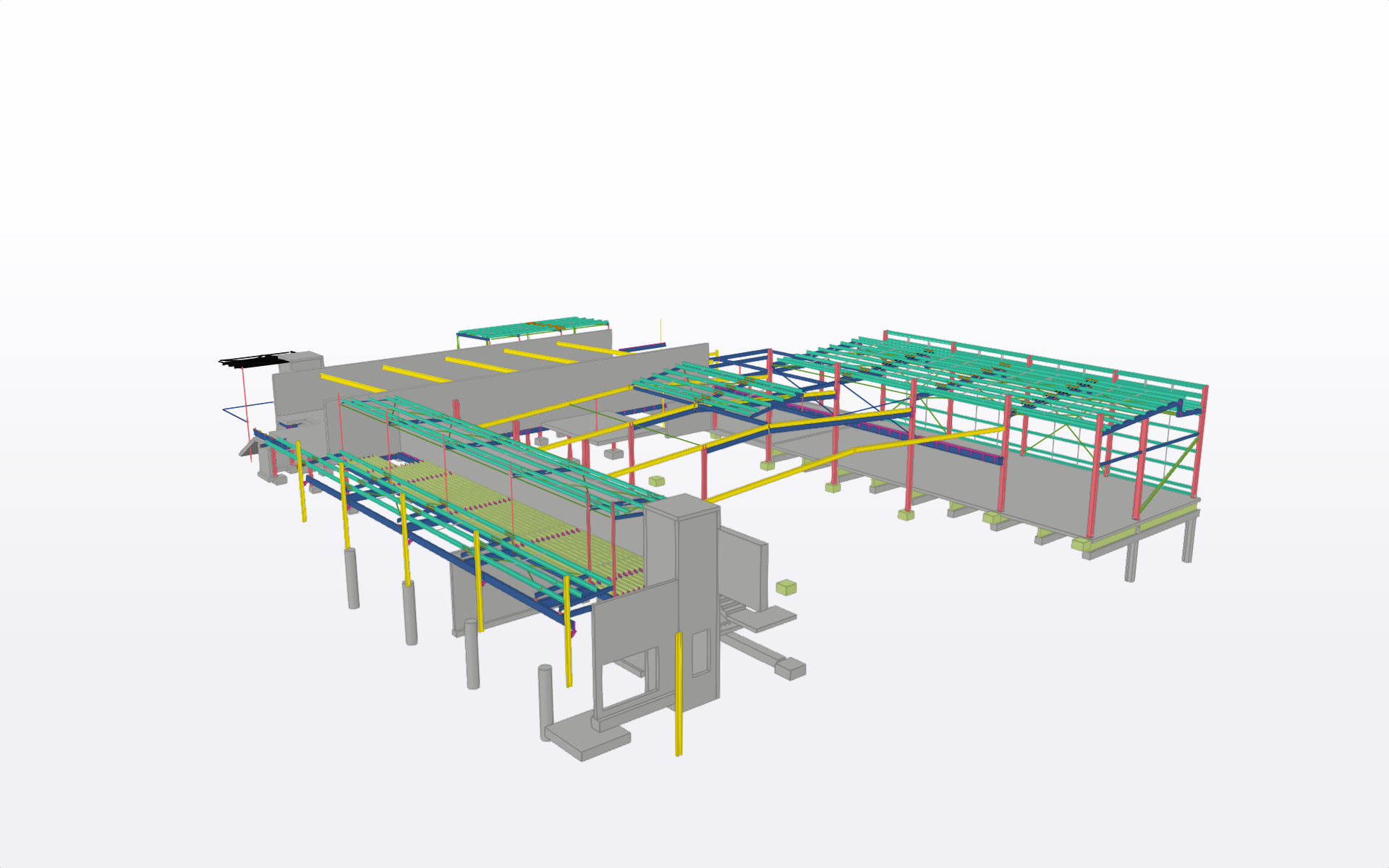3D model of a building with steel framework, piping and support beams, in shades of grey, green, blue, and yellow — Proweld Steel Fabrication In Unanderra, NSW