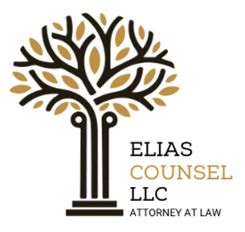 Logo for Elias Counsel LLC: Tree with pillars forming trunk, gold and brown leaves, text 