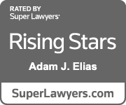 Badge for Adam J. Elias, a Rising Star, rated by Super Lawyers. Grey and white text.