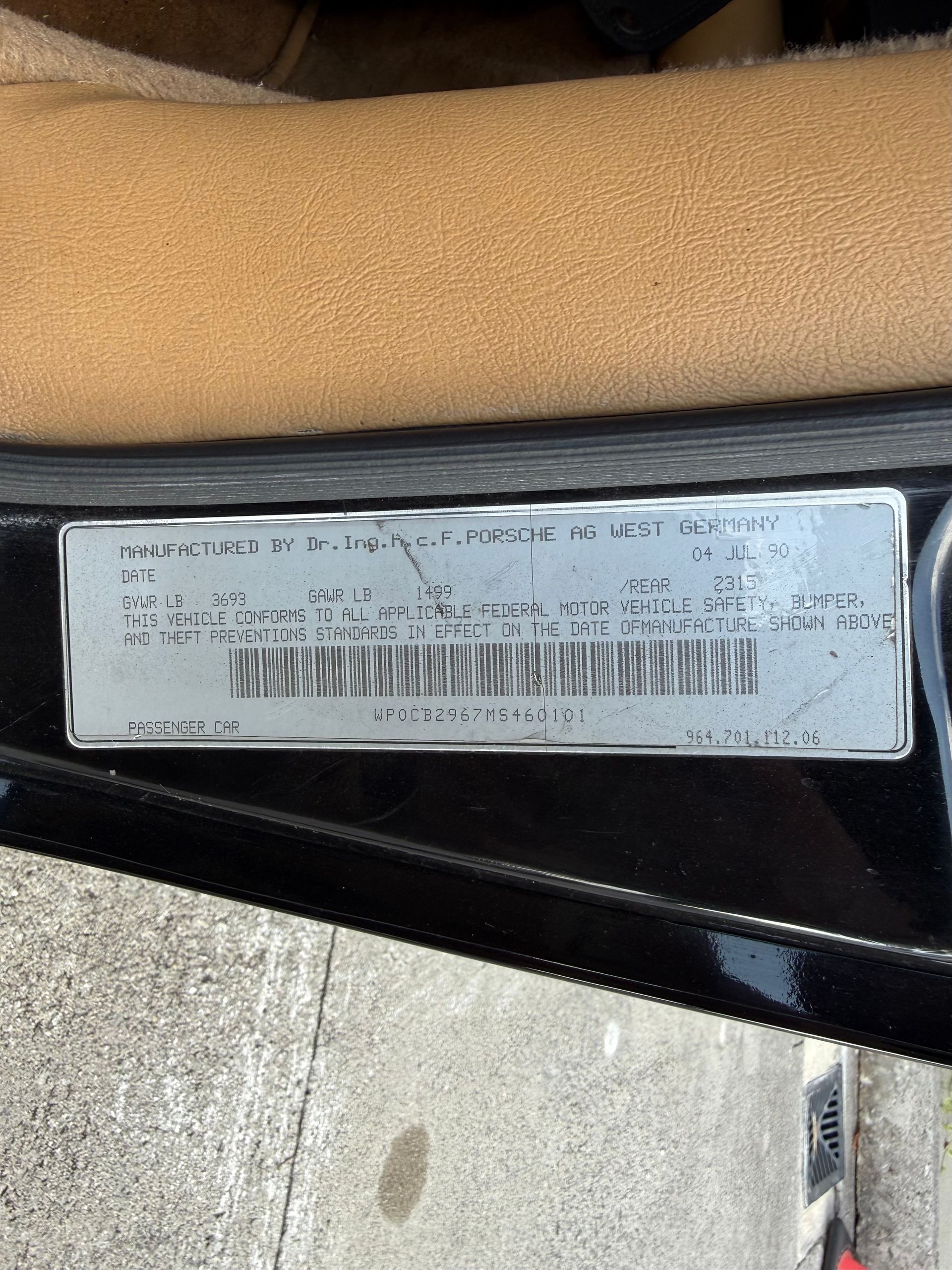 1991 Porsche 911 Carrera 2 Door Jamb VIN Label Close Up | Eurotech Knoxville