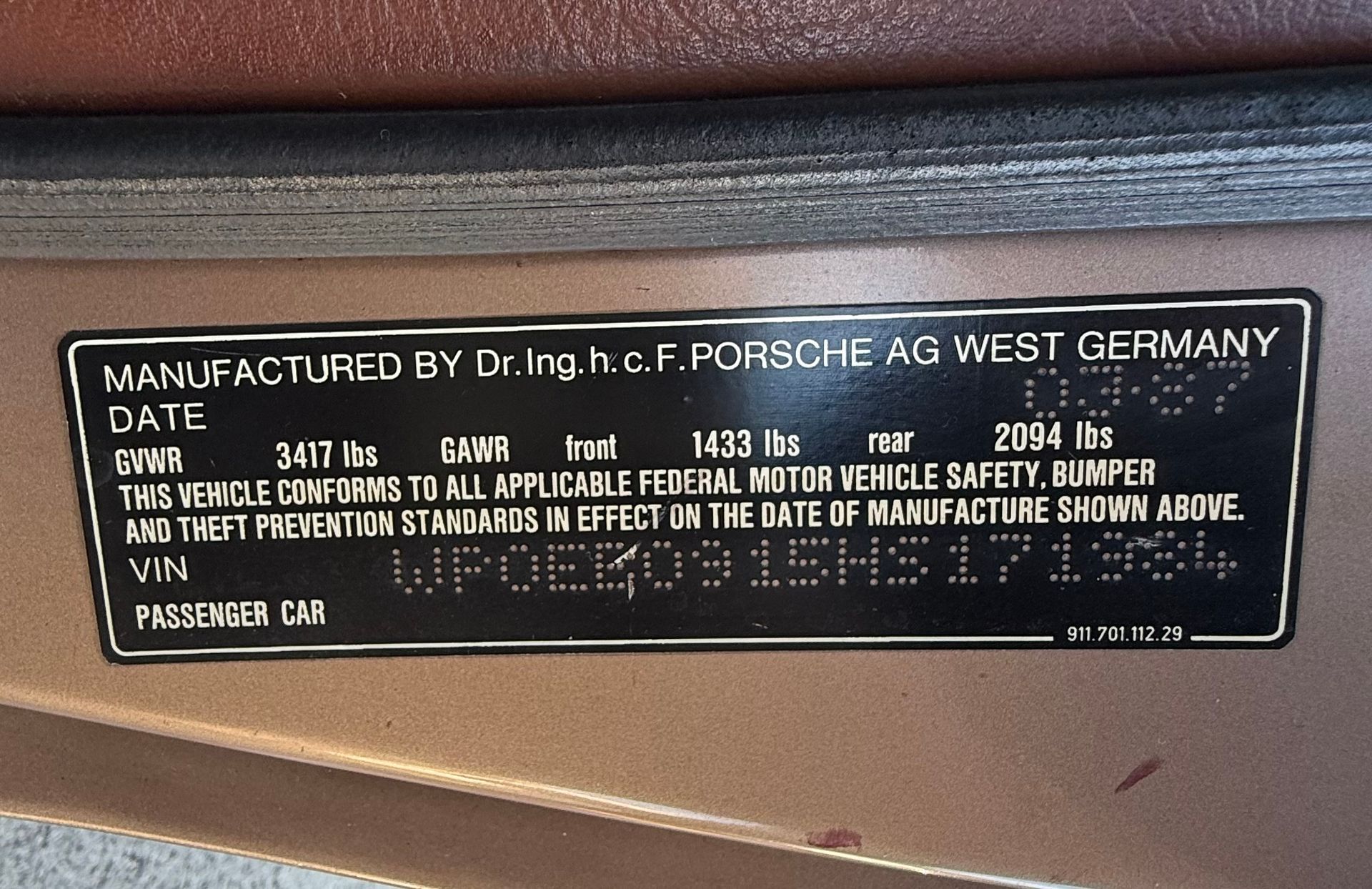 1987 Porsche 911 Carrera Factory Identification Plate Close Up | Eurotech Knoxville
