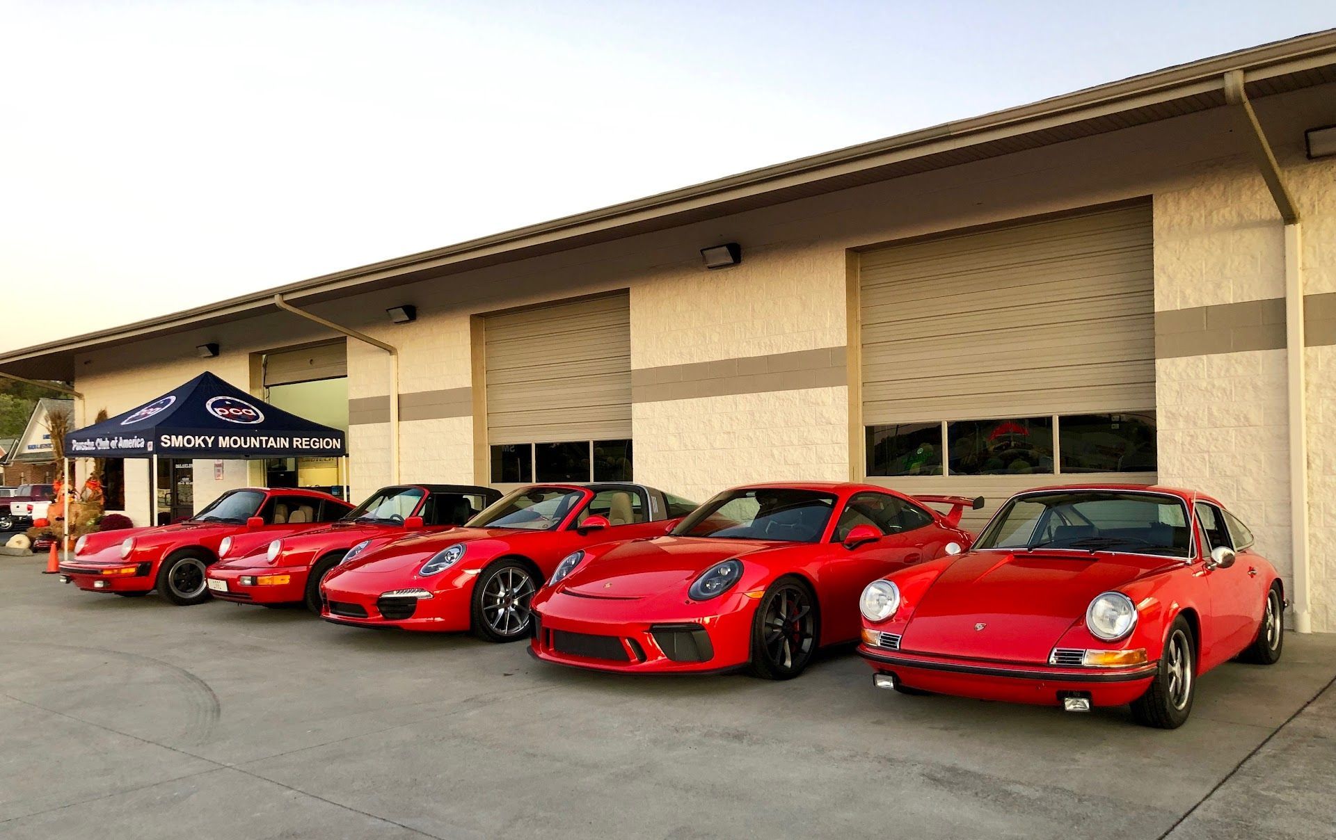 Porsche Lineup Parked Outside Eurotech Knoxville Shop | Eurotech Knoxville