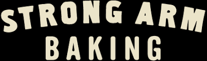 The logo for strong arm baking is white on a black background