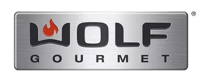 Wolf Gourmet logo: black text on a silver rectangle, with an orange flame icon over the 
