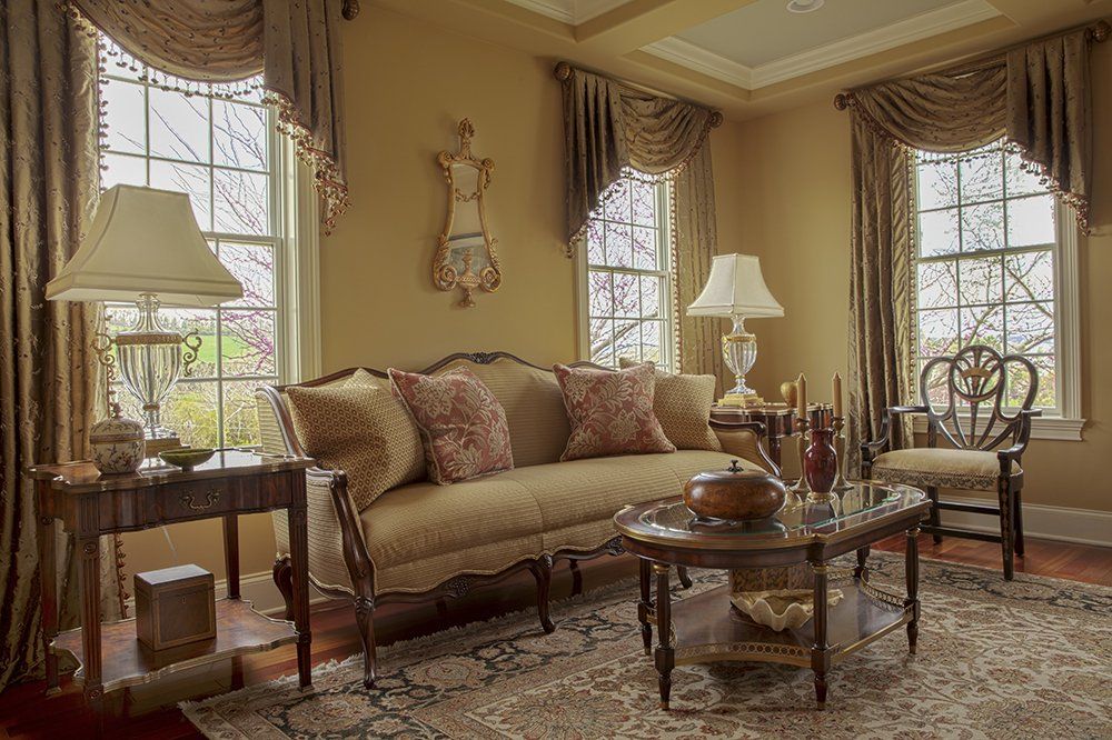 A living room with a couch and a coffee table