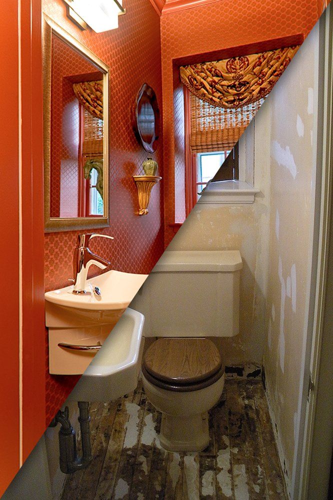 A before and after photo of a bathroom with red walls