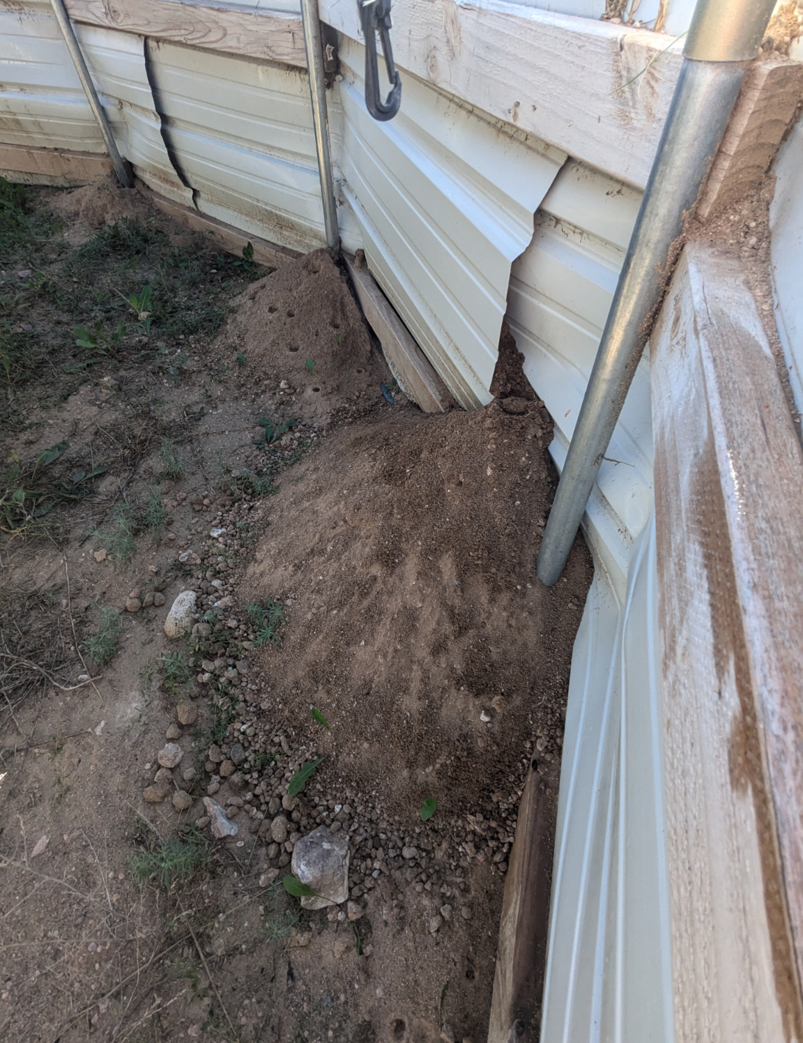 A fence with a hole in it and a drainpipe coming out of it.
