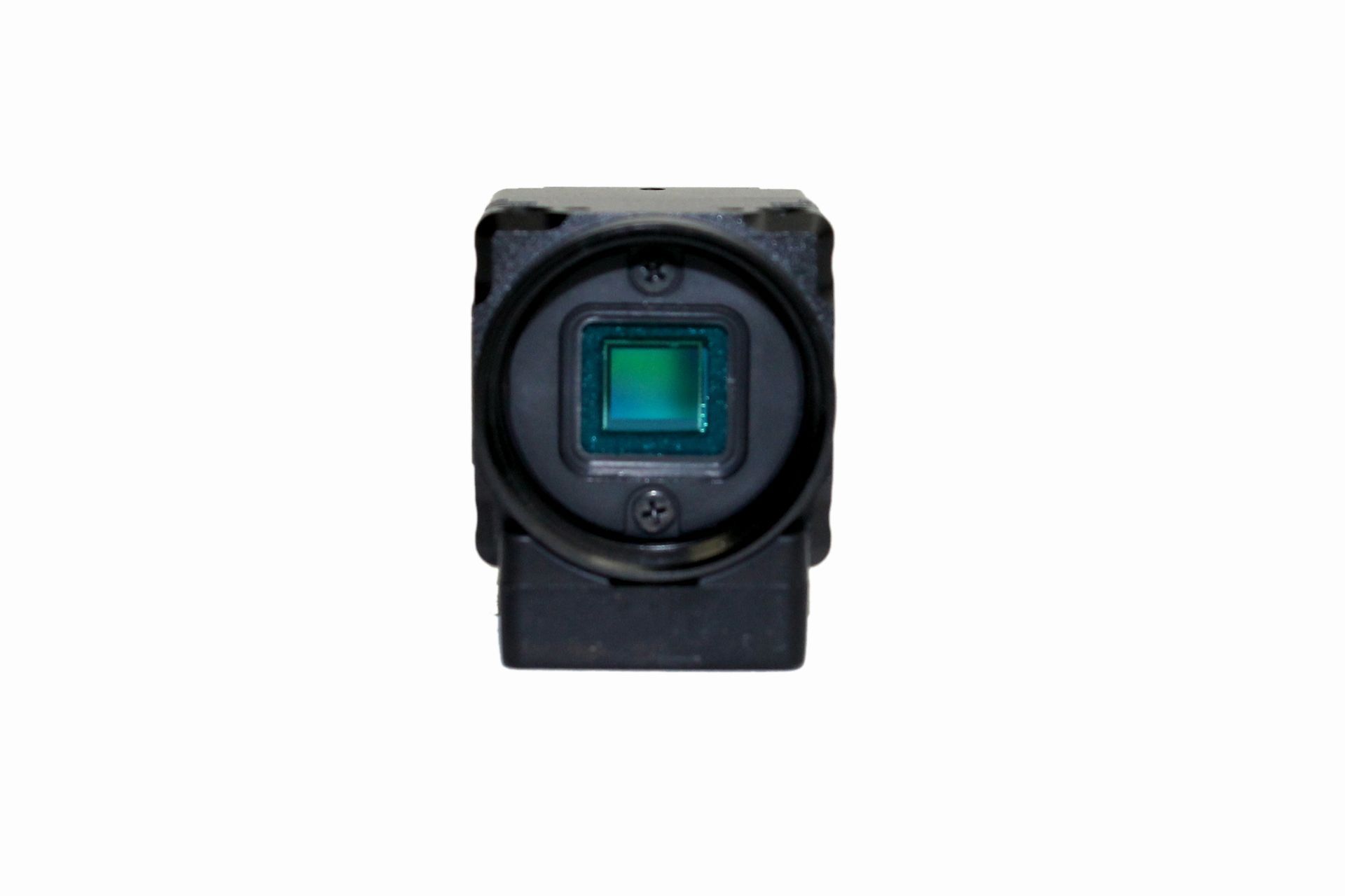 A black camera with a green square in the middle on a white background.
