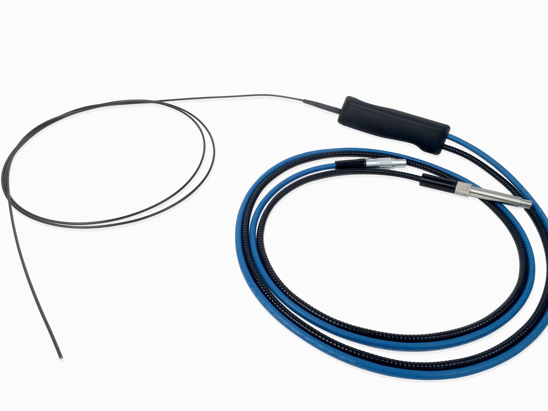 A black and blue cable with a black handle on a white background