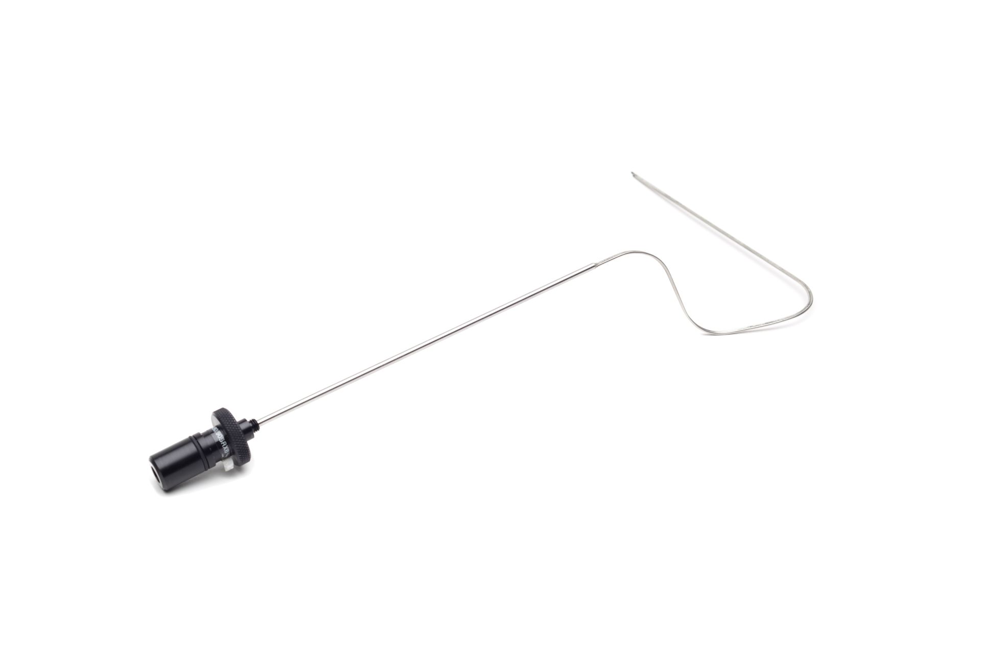 A close up of a needle with a long wire attached to it on a white background.