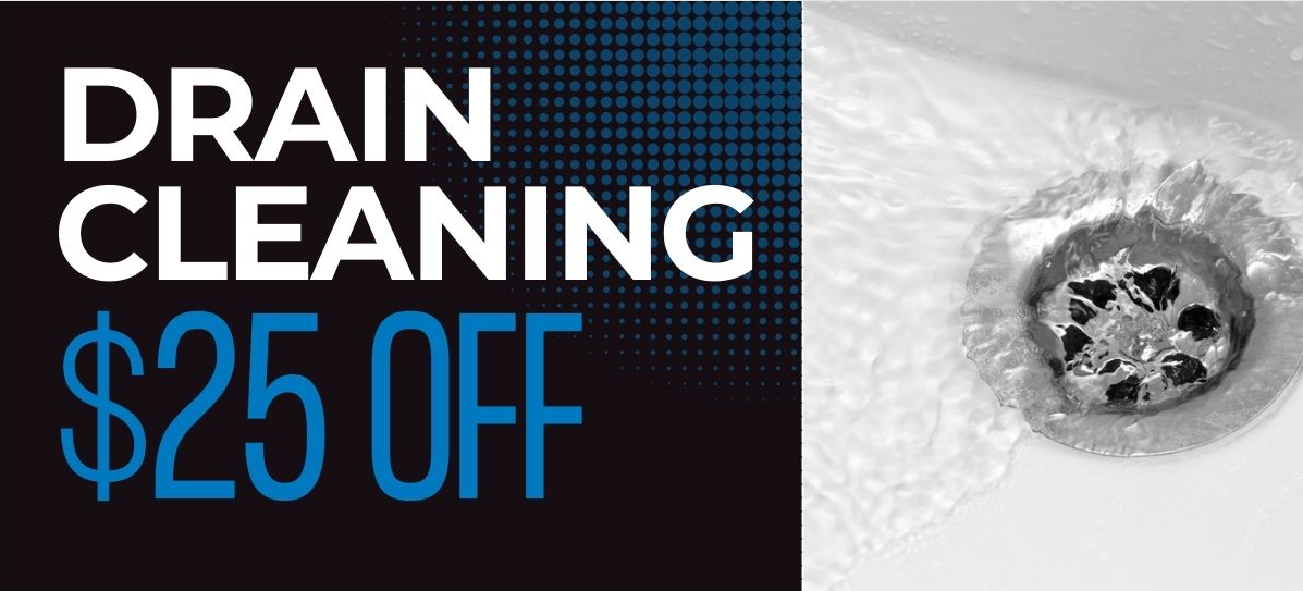 A picture of a sink with the words `` drain cleaning $ 25 off '' written on it.