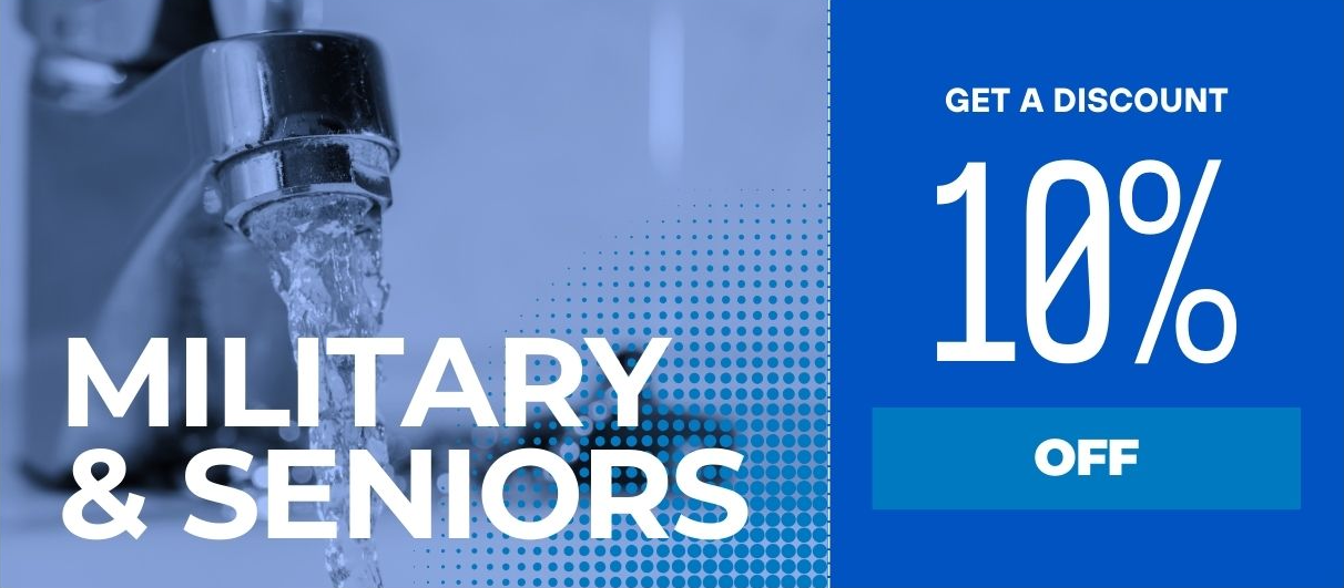 A faucet with water coming out of it and the words `` get a discount ''