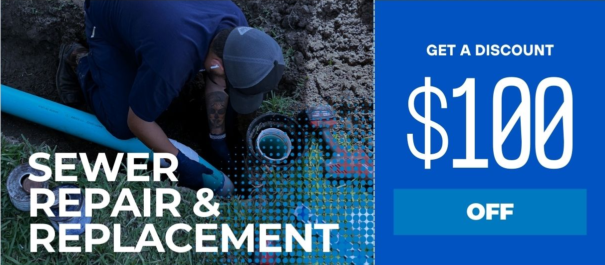 A man is kneeling down next to a sign that says $ 100 off sewer repair and replacement.