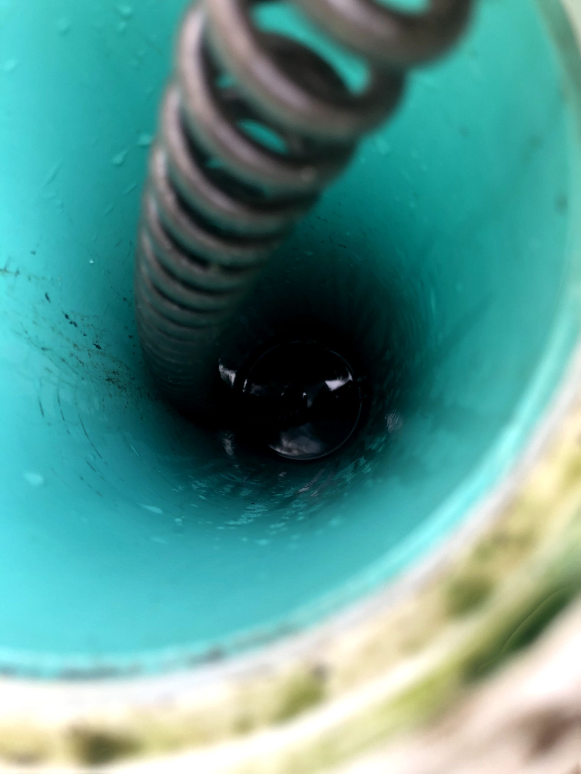 A close up of a drain with a spring in it.