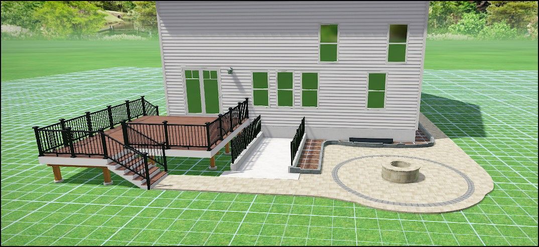 Backyard with a deck, fire pit, and a two-story house with green-framed windows, surrounded by green grass.