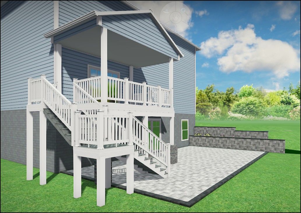Rear view of a light blue house with a white deck and stairs leading to a gray paver patio on a sunny day.