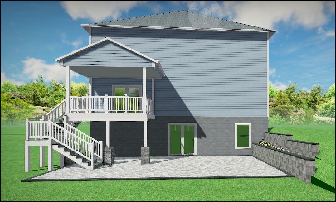 Back view of a two-story blue house with a porch, steps, and a retaining wall.