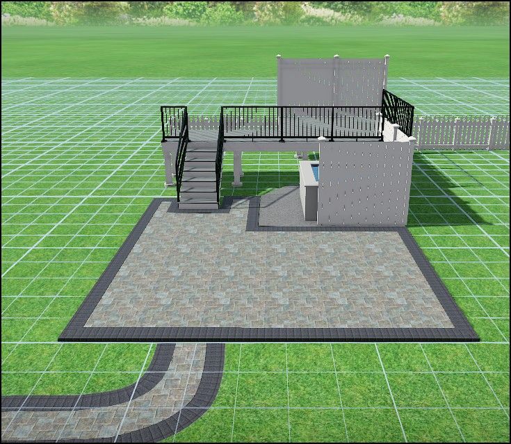 3D model of a modern patio with a deck, stairs, and a grey stone façade on a green grid background.