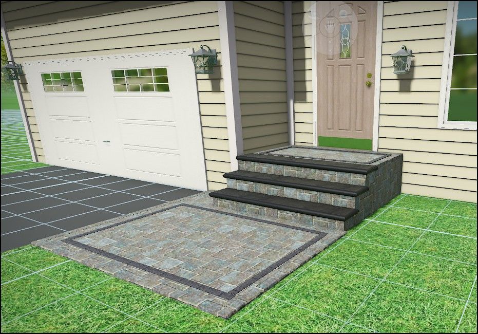 Garage entrance with steps and paved area.  Tan siding, white garage door, steps, and door. Green lawn.