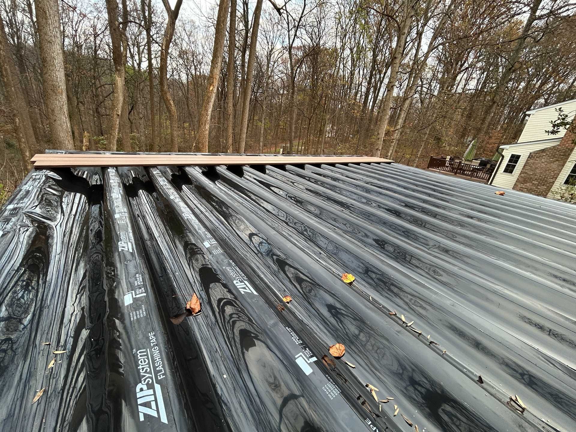 Black corrugated roof with some leaves, possibly new construction, trees in background.