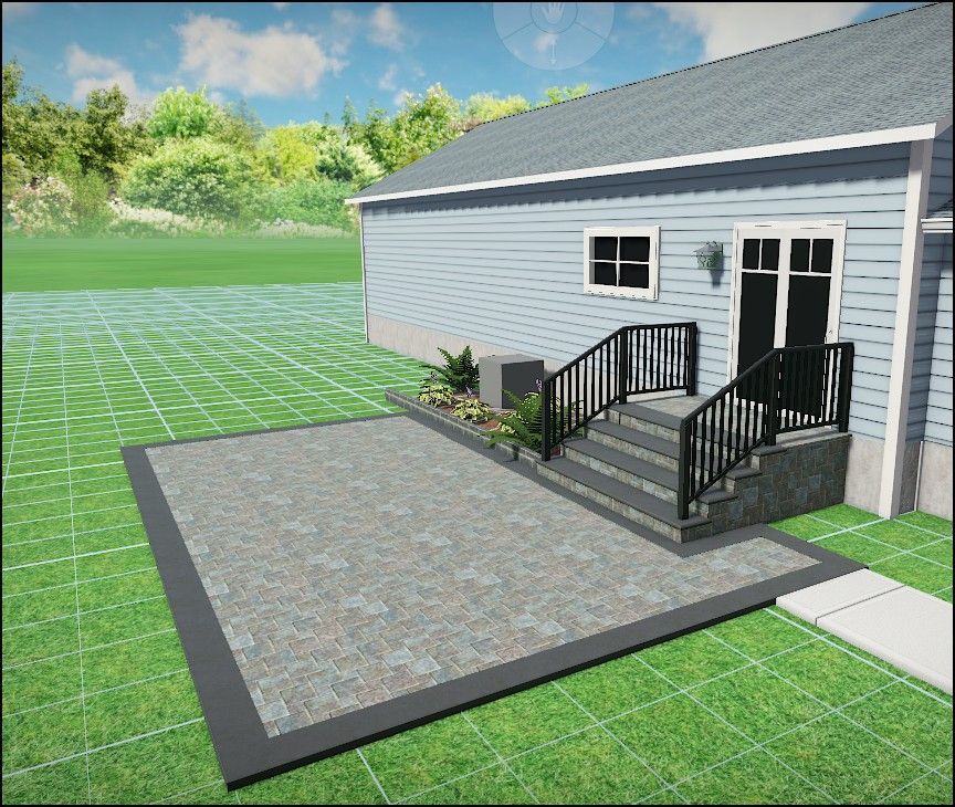 Backyard patio with stairs leading to a door; landscaping with grass, and a blue house.